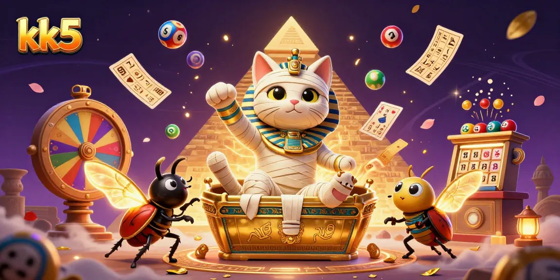 Experience the excitement of kk5 as the Egyptian mummy cat bursts from a sarcophagus amidst vibrant casino graphics.