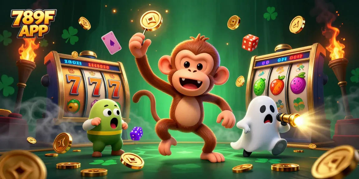 Experience the thrill of gambling with 789F APP featuring a mischievous poltergeist monkey juggling golden casino items.