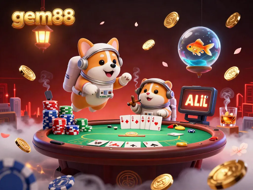 Experience the thrill of gem88 with a cosmic casino scene featuring a floating astronaut corgi and vibrant poker action.
