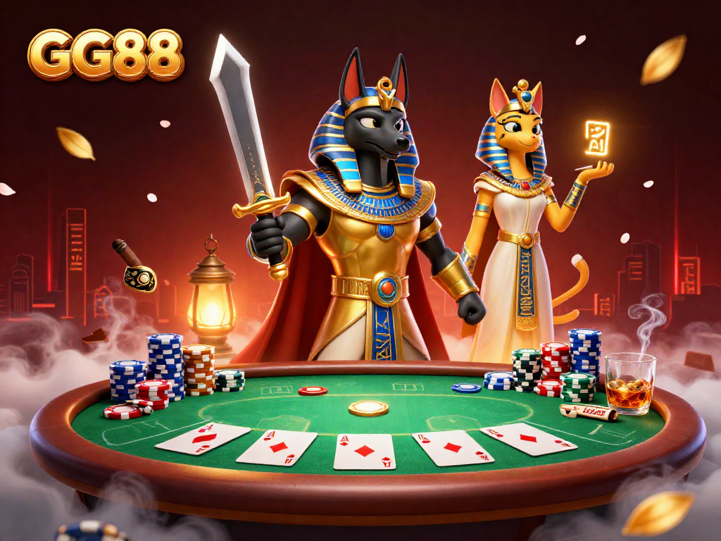 GG88 engages players with vibrant poker action featuring Anubis and Bastet in an Egyptian-themed casino scene.