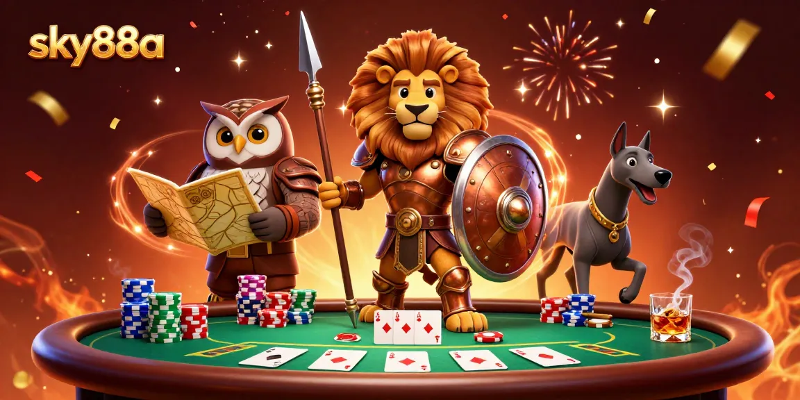 Experience thrilling gameplay with sky88a featuring a Spartan lion and poker elements.