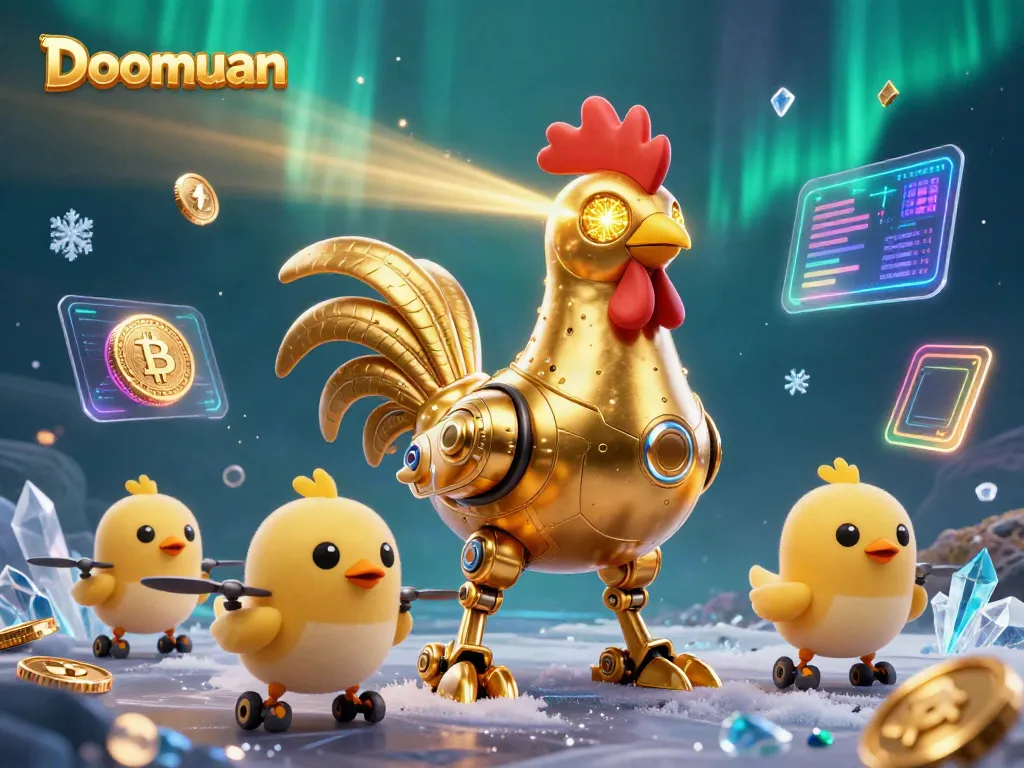 Doomuan brings exciting crypto casino experiences with a golden rooster robot shooting lasers among vibrant Bitcoin and Ethereum coins.