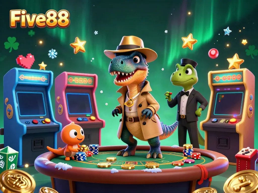 Experience the excitement at Five88 with a 3D velociraptor and stegosaurus in an engaging casino scene.