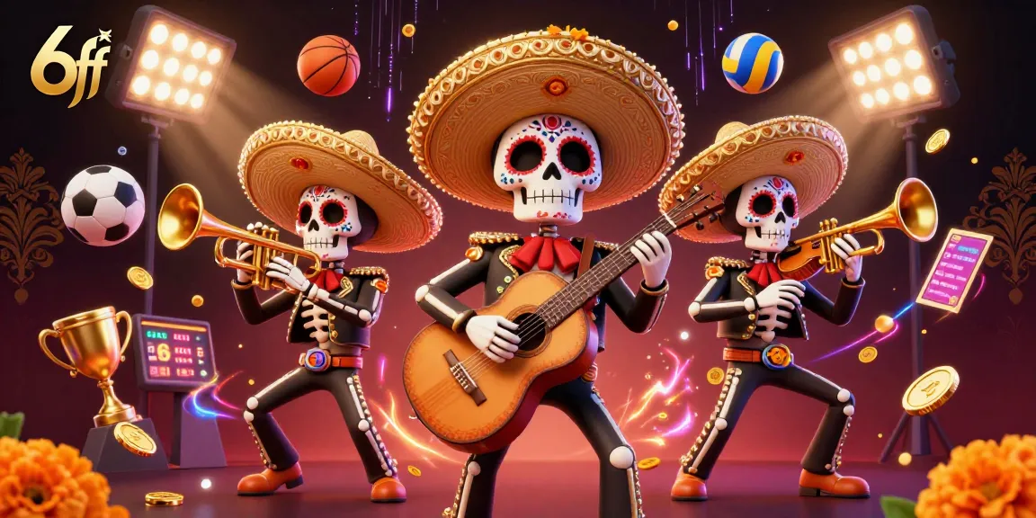 Engage with 6ff's vibrant casino world featuring a mariachi band, sports elements, and gold coins.
