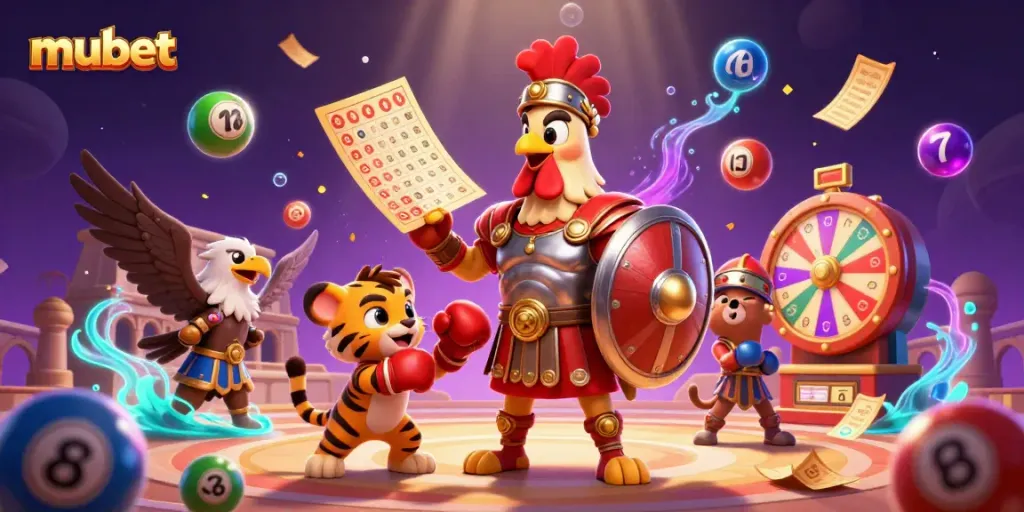 Experience excitement with mubet in a rich casino scene featuring a gladiator rooster and vibrant gaming elements.
