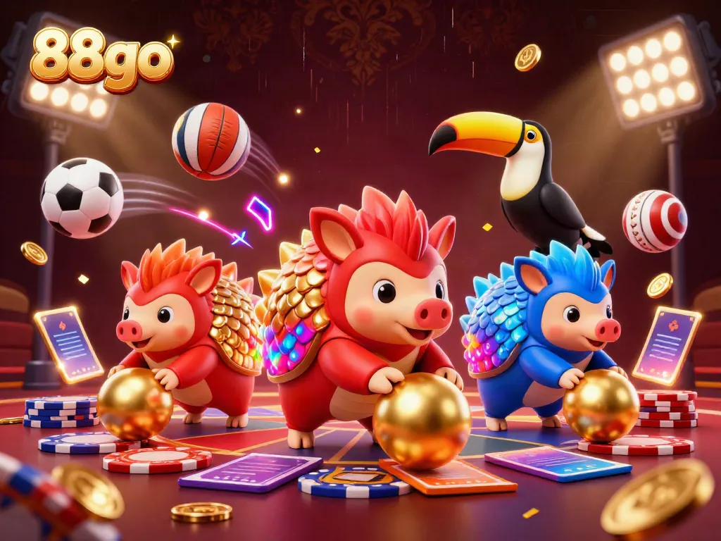 88go pangolins compete as casino characters with golden poker chips and sports elements in an engaging scene