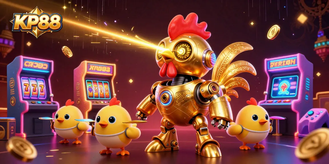 Experience the excitement of KP88 with a golden rooster robot and baby chick drones in a vibrant casino scene.