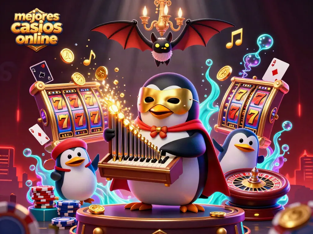 Ilustración de un pingüino de ópera fantasma jugando en los mejores casinos online con monedas doradas flotando.