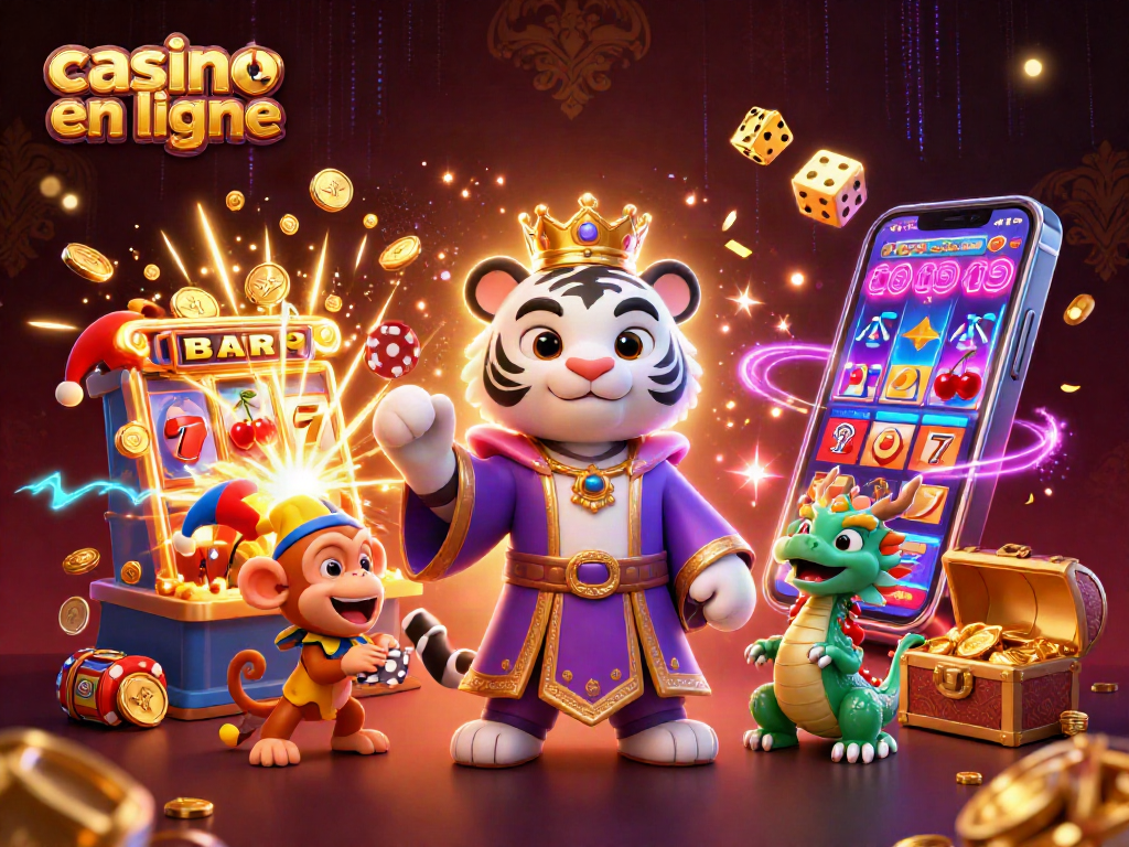 Jouez à des jeux de casino en ligne, admirant un tigre élégant avec un singe jonglant et un dragon en jade.