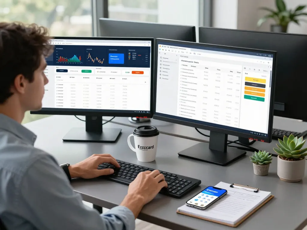 Ezzocard financial professional analyzing virtual prepaid card transactions in a modern workspace.