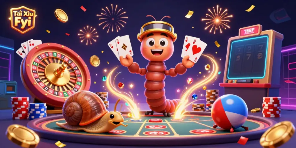 Tài Xỉu Fyi showcases a lively casino scene with colorful characters, cards, and sparkling coins.