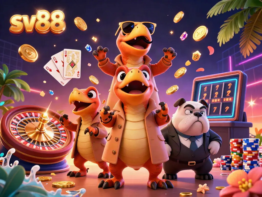 Experience sv88's vibrant casino atmosphere with raptors sneaking into VIP lounge, bursting with casino elements.