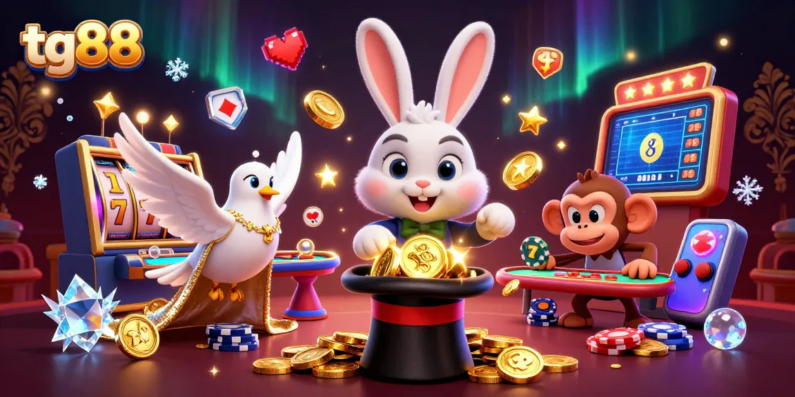 Engage with tg88's vibrant casino scene featuring a magician rabbit, assistant dove, and a mischievous monkey, full of game elements.