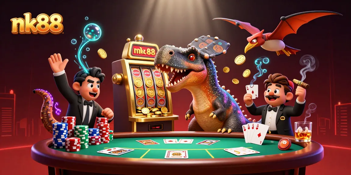 nk88 features a pachycephalosaurus winning a jackpot at a colorful casino scene, coins flying everywhere.