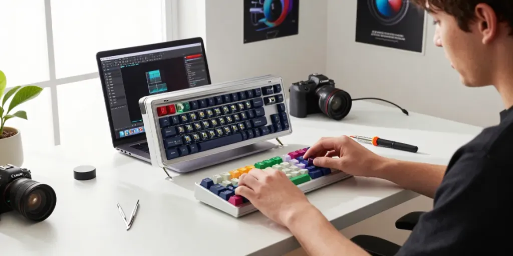 Wooting 60HE v2 case compatibility showcased in a tech workspace with colorful keycaps and tools for keyboard assembly.