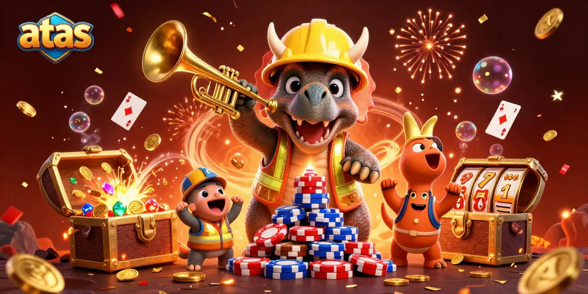 Join the excitement at ATAS casino with a vibrant scene of dinosaurs celebrating wins among poker chips and slot reels.