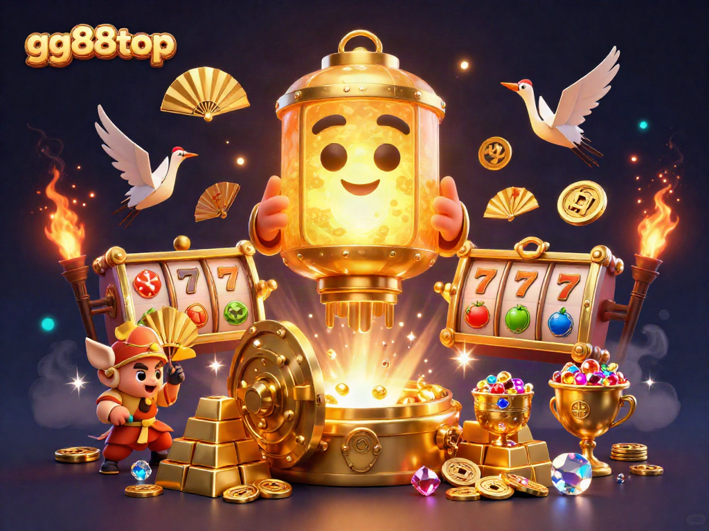 Spin to win at gg88top with a vibrant casino scene featuring golden characters and slot reels.
