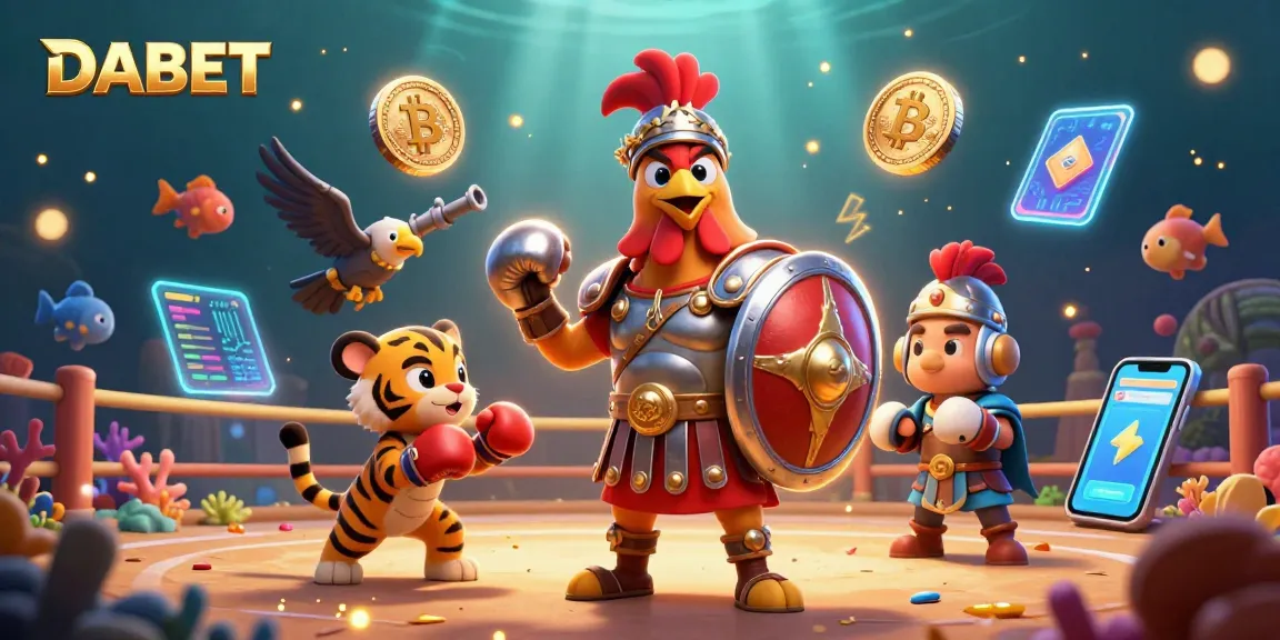DABET reveals winning strategies in a lively cockfighting scene with dazzling crypto elements.