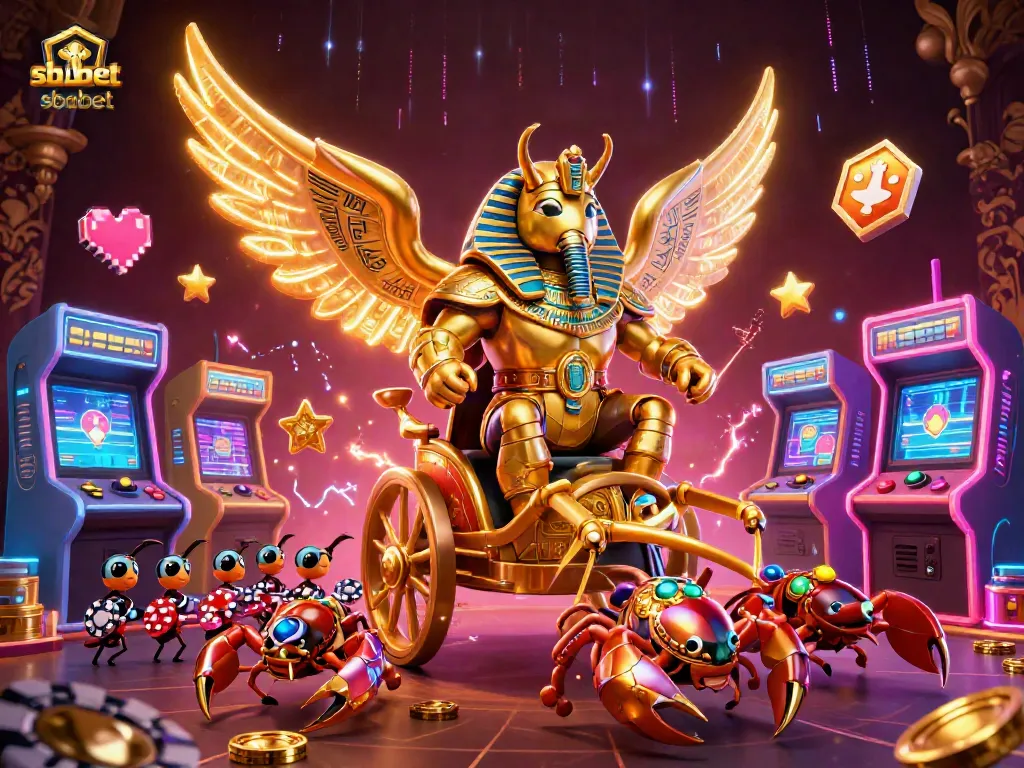 Sbobet conquers the gaming world in a vibrant, dynamic illustration of characters and casino elements.