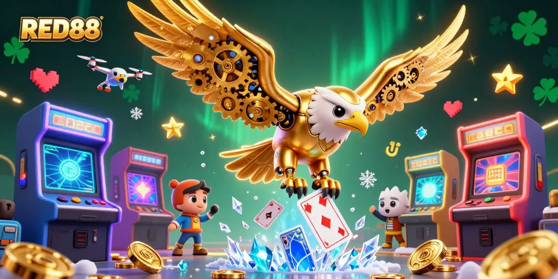 Play exciting casino games at RED88 with a dynamic 3D illustration of a golden eagle and vibrant gaming elements.