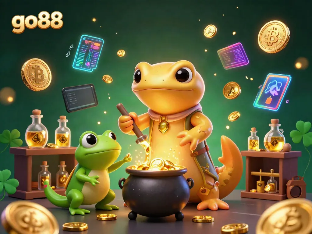 Engage with the magic of go88 as the golden salamander alchemist conjures gold coins in an enchanting casino scene.