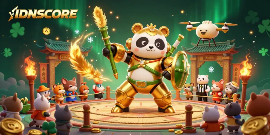 IDNSCORE's vibrant golden panda battling in a dynamic casino-themed arena with coins and festive decor.