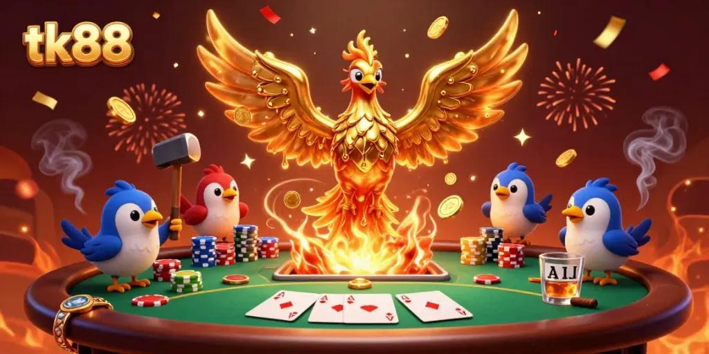 Experience the thrill of tk88 with a molten gold phoenix and poker scene bursting with excitement.