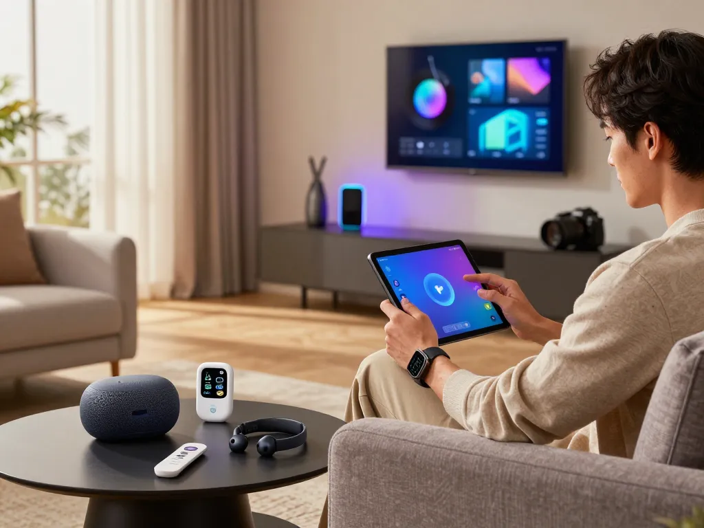 Explore trending tech gadgets like wireless earbuds, smartwatches, and Bluetooth speakers in a modern living room.