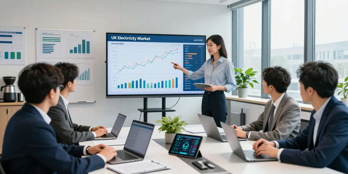 Energy consultant analyzing uk electricity price per kwh april 2026 data in a modern office.