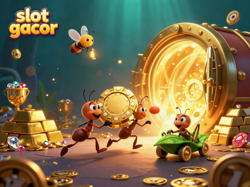 Engaging 3D scene depicting ants stealing a massive golden poker chip in a dynamic slot gacor theme.