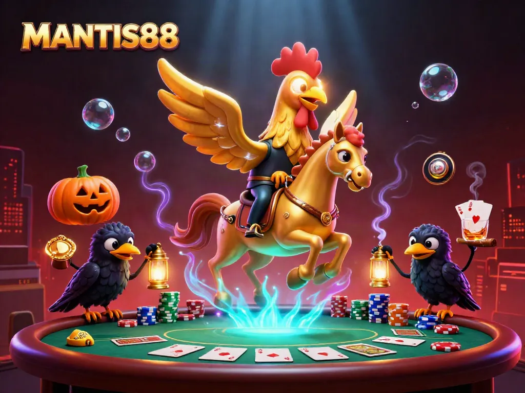 Experience thrilling gameplay at MANTIS88 with a dynamic 3D casino scene depicting vibrant characters and rich game elements