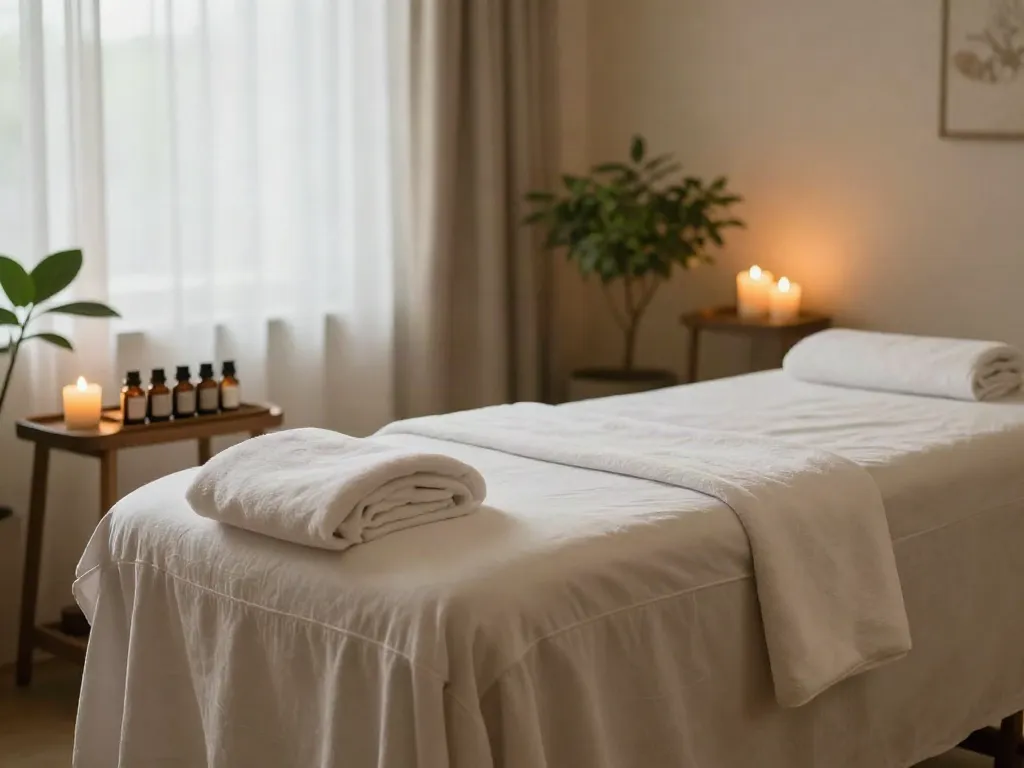Relaxing 노원출장마사지 therapy room with soft linens and calming decor.