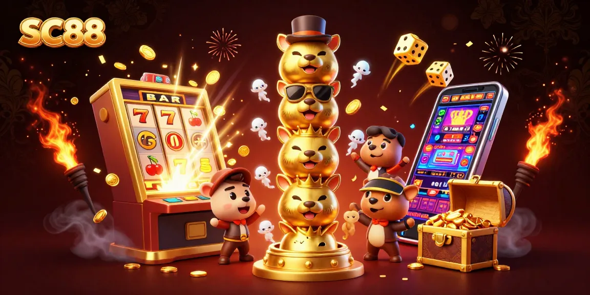Experience the thrill of SC88 with a dynamic 3D casino-themed illustration featuring vibrant games and golden totems.