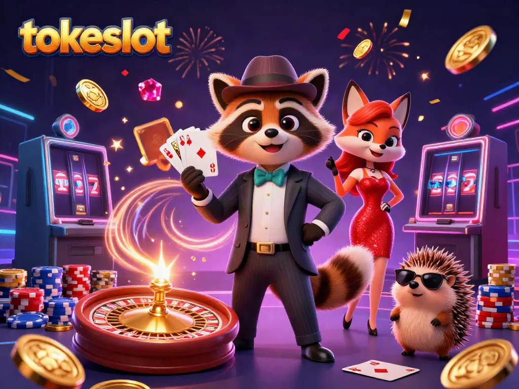 Mainkan permainan di Tokeslot, platform kasino online dengan karakter menarik dalam suasana yang ceria.
