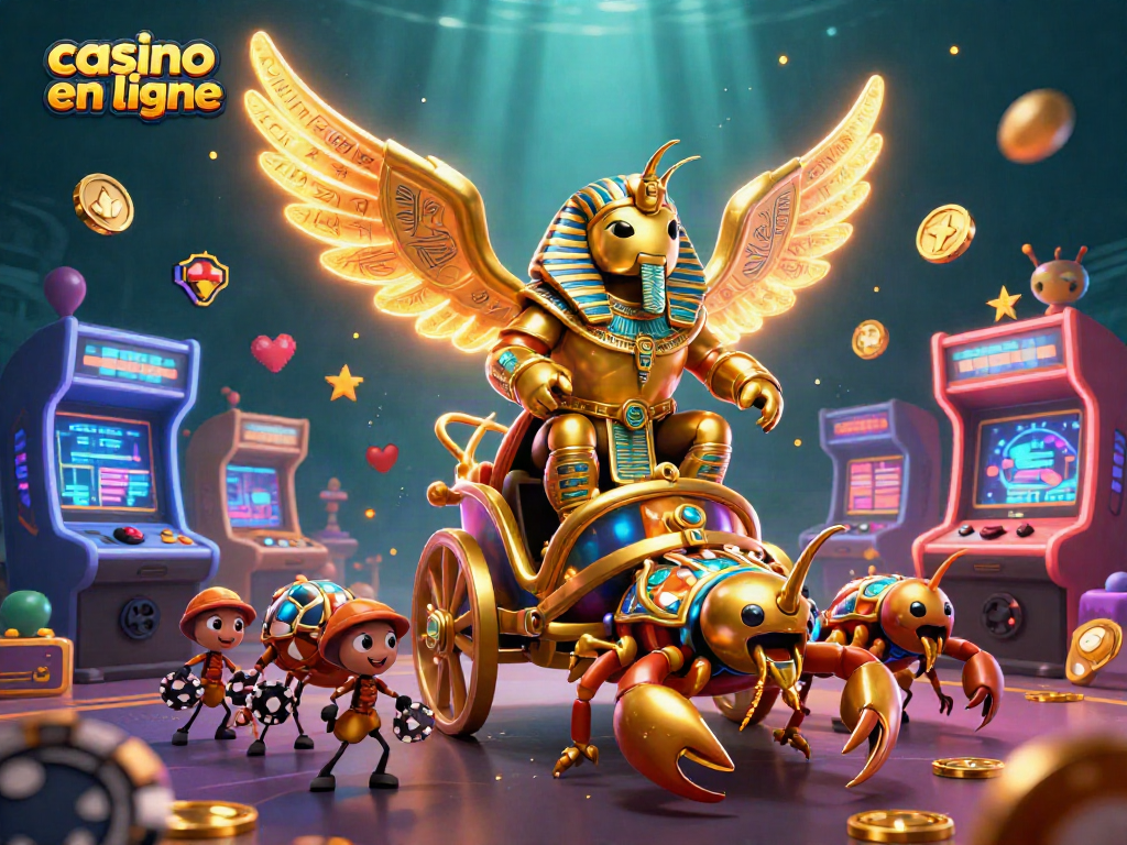 Découvrez le casino en ligne avec une illustration dynamique d'un scarabée doré et des scorpions en compétition.