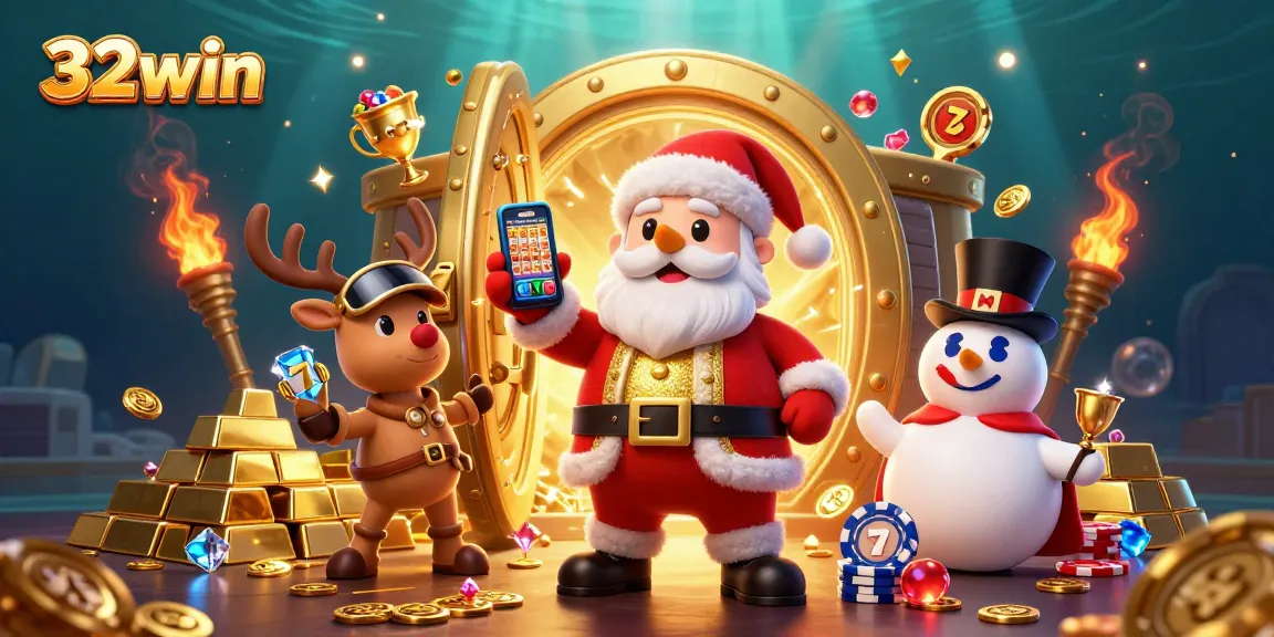 Engage with thrilling slot jackpots at 32win, featuring Santa, a reindeer, and a poker chip snowman.
