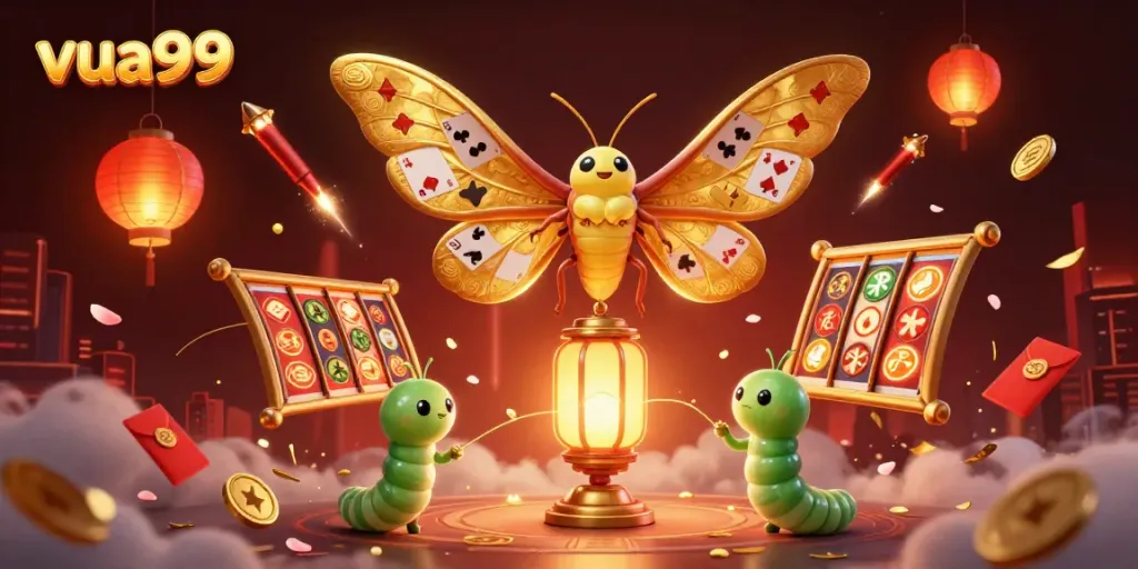 Witness the captivating scene of vua99 featuring a majestic moth and vibrant casino elements.