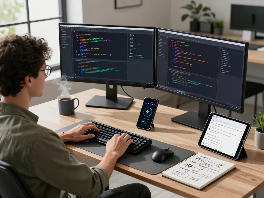 Developer optimizing 快连 network performance in a modern workspace with multiple monitors and innovative tech.