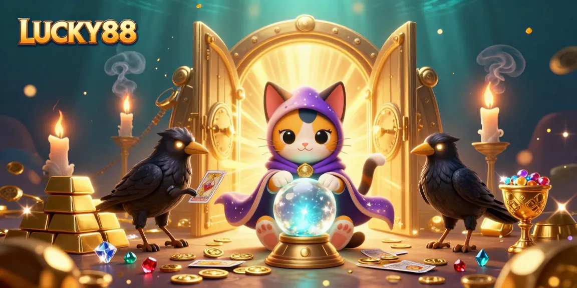 Experience LUCKY88's vibrant gambling adventure with a mystic cat and a tarot raven in a magical treasure scene.