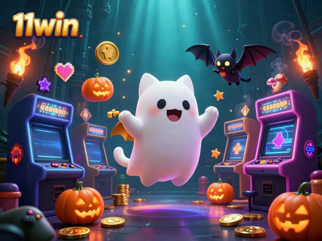 Experience the thrilling adventures at 11win with a ghost cat and casino-themed characters.