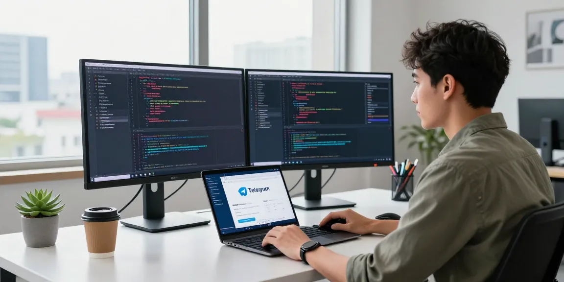 Engaging developer workspace showcasing Telegram Download on dual monitors in a tech environment.