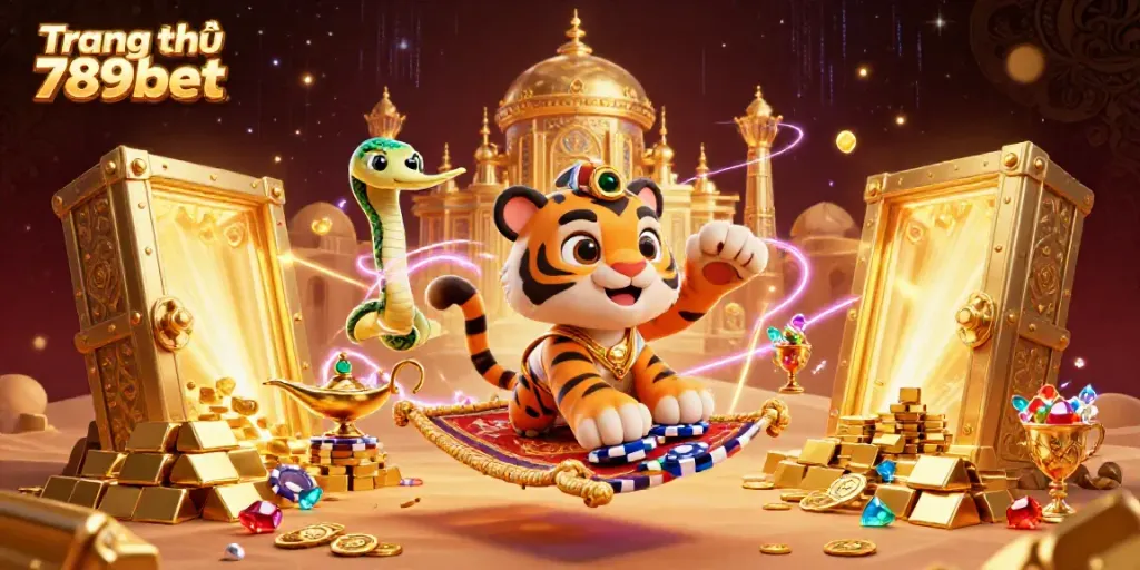 Experience the excitement of Trang chủ 789bet with a vibrant illustration of a sultan and a magical scene.