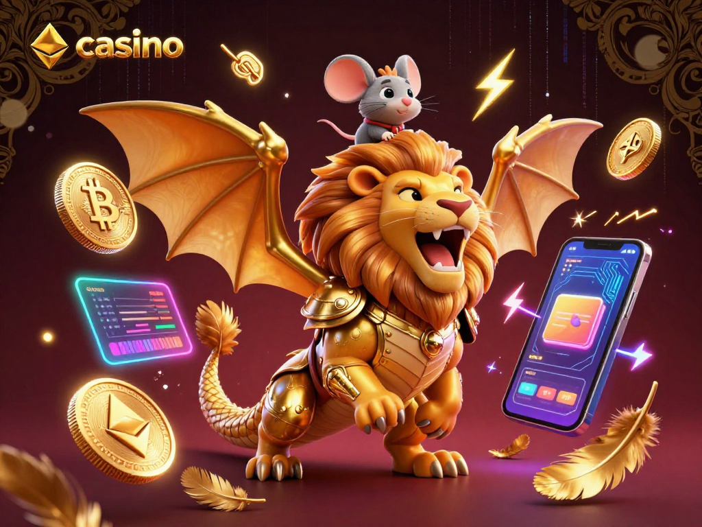 Engage with a thrilling casino atmosphere featuring a chimera creature and crypto elements in vibrant 3D.