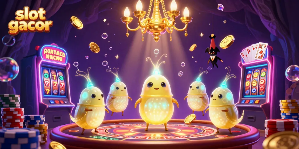 Enjoying slot gacor games with vivid glowworms lighting up the casino with coins and cards.