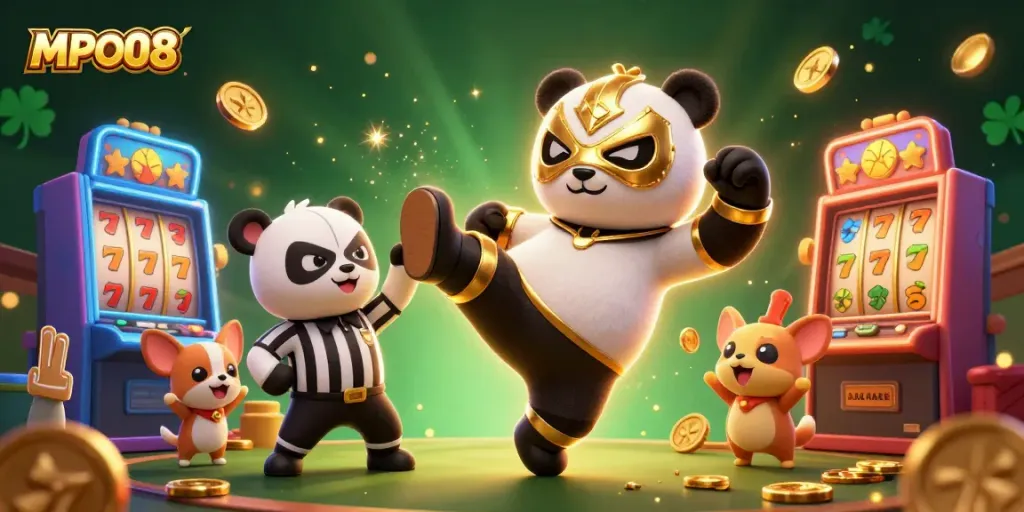 MPO08 circus scene showcases a panda wrestler flying kick with a cheering crowd and vibrant slot machines.