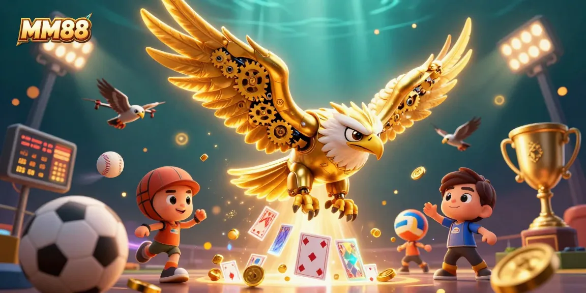 MM88 players diving into action with cybernetic eagle amidst flying sports elements.