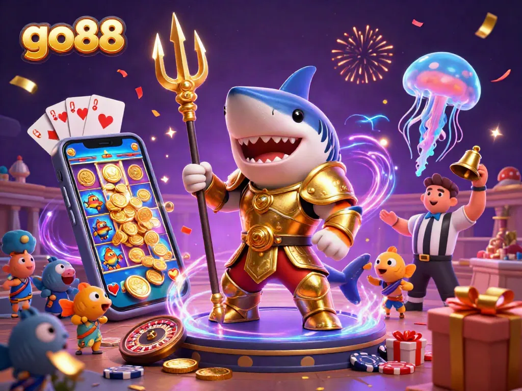 Experience the thrill of go88 with a shark gladiator among colorful slots and thrilling games.