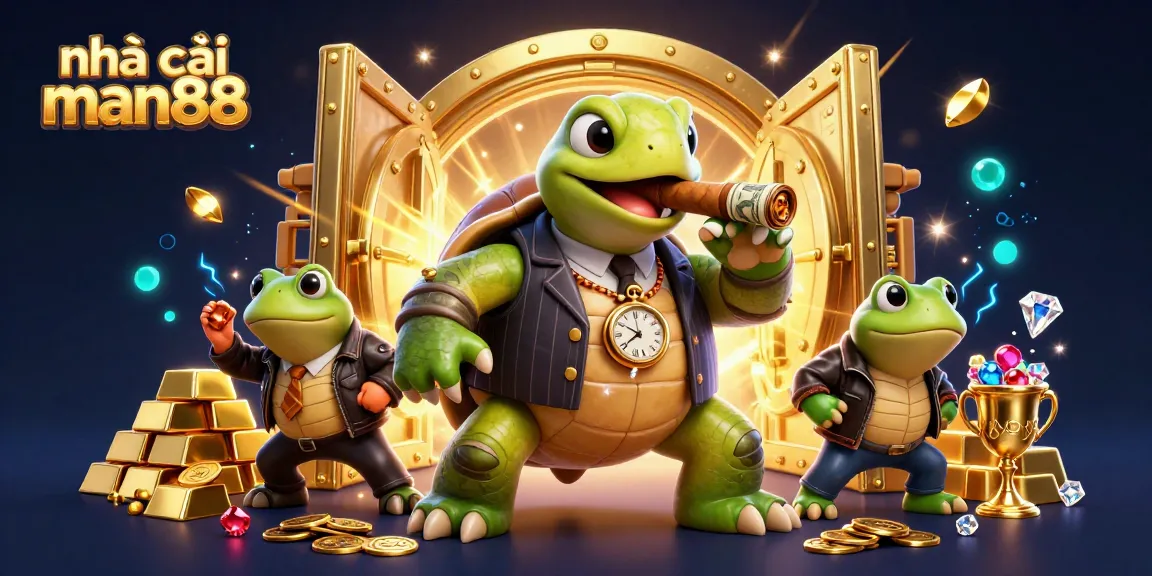 Experience the thrill at nhà cái man88 with a vibrant casino illustration featuring a snapping turtle and bullfrog enforcers.