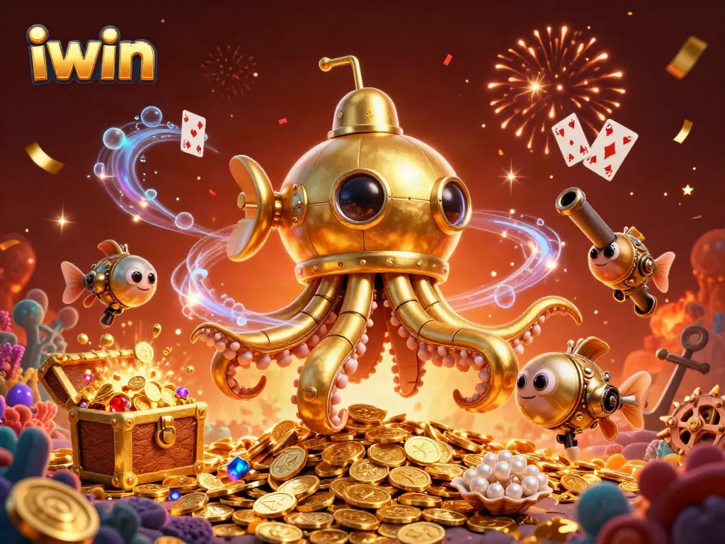 Win big with iwin as a golden kraken submarine surfaces in a dynamic casino scene.
