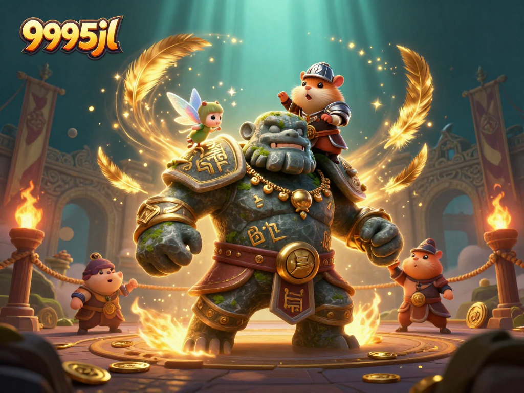 Experience the magic of 9995jl with a stone guardian and tiny fairy in a vibrant casino scene.